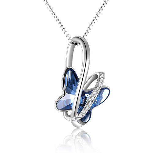 Sterling Silver Butterfly Crystal Pendant Necklace with Box Chain