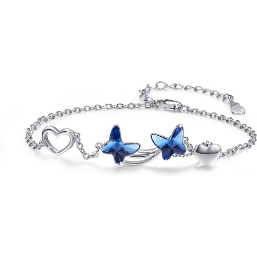 Sterling Silver Cubic Zirconia Butterfly & Heart Charm Bracelet