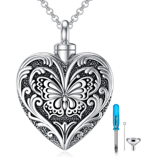 Sterling Silver Butterfly & Heart Urn Necklace for Ashes for women