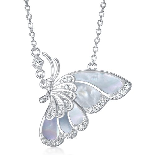Sterling Silver Mother Of Pearl Butterfly Pendant Necklace