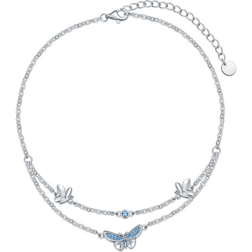 Sterling Silver Cubic Zirconia Butterfly Multi-layered Anklet