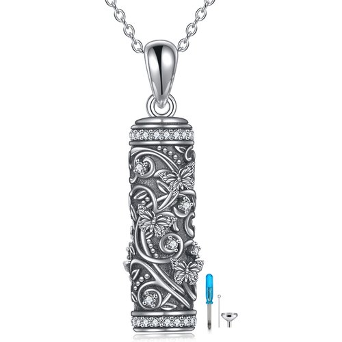 Sterling Silver Cubic Zirconia Butterfly on Bar Urn Necklace for Ashes
