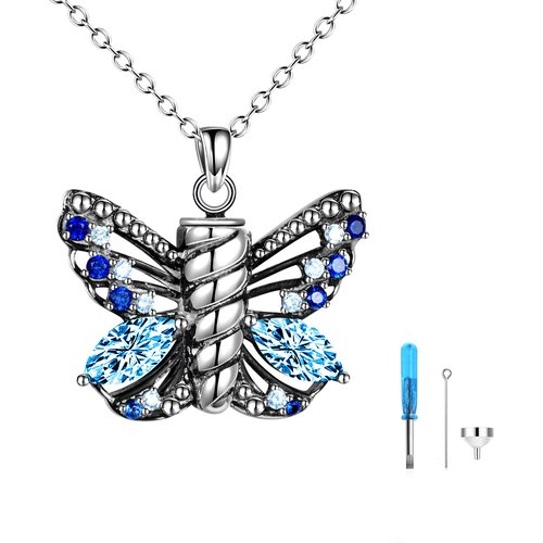 Sterling Silver Cubic Zirconia Butterfly Urn Necklace for Ashes