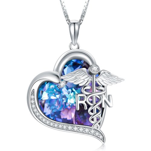 Sterling Silver Caduceus & Heart Crystal Pendant Necklace