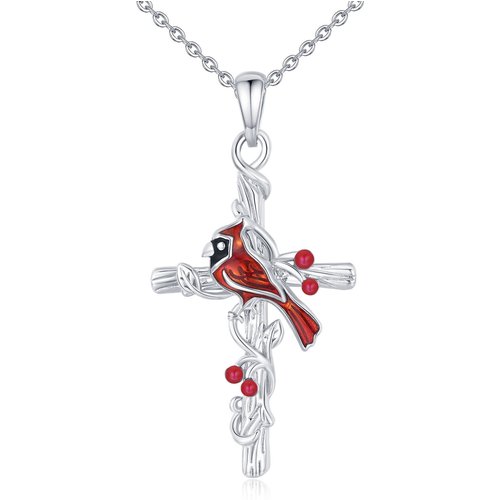 Sterling Silver Cardinal & Cross Pendant Necklace