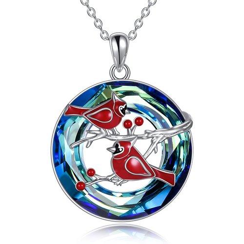 Sterling Silver Cardinal & Tree Of Life & Circle Crystal Pendant Necklace for Women