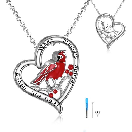 Sterling Silver Cardinal & Heart Urn Necklace for Ashes with Engraved Word