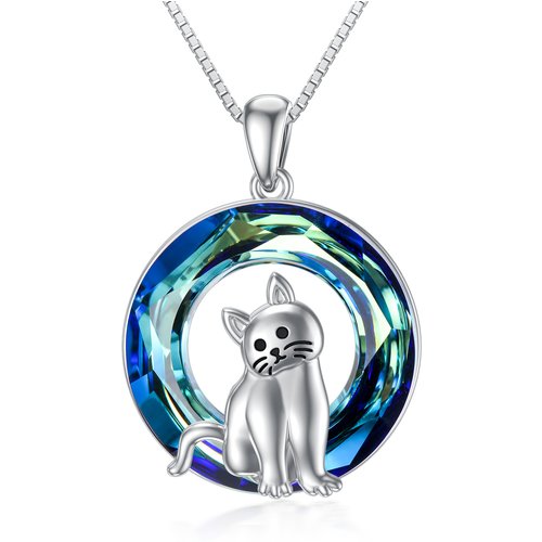 Sterling Silver Cat Blue Circle Crystal Pendant Necklace