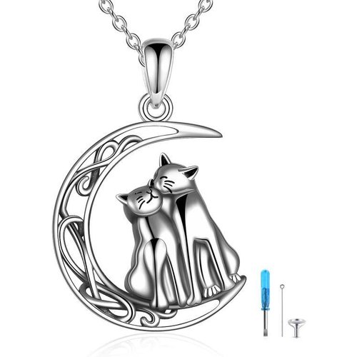 Sterling Silver Cat & Moon With Celtic Knot Urn Necklace For Ashes