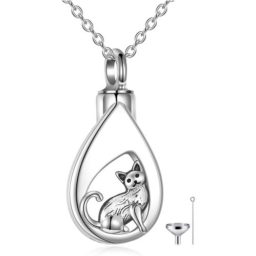 Sterling Silver Cat & Drop Shape Urn Necklace for Ashes