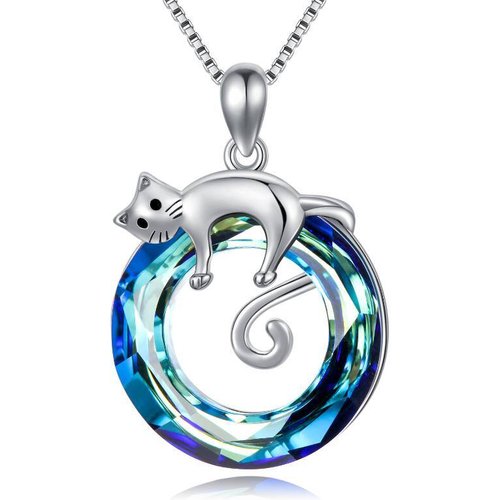 Sterling Silver Cat Hanging Blue Crystal Pendant Necklace