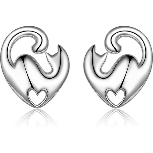 Sterling Silver Cat Heart Stud Earrings