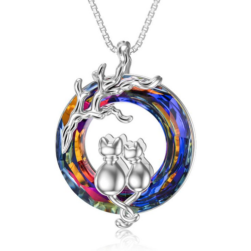 Sterling Silver Cat Lovers Purple Crystal Pendant Necklace