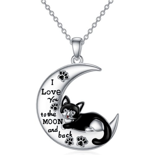 Sterling Silver Cat & Moon Pendant Necklace