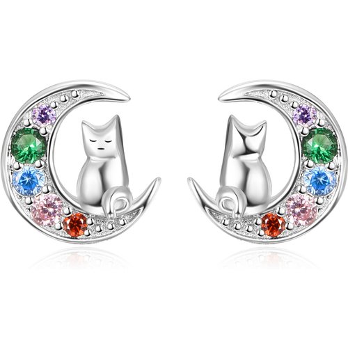 Sterling Silver Cubic Zirconia Cat & Moon Stud Earrings
