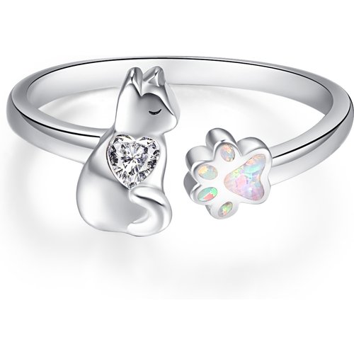 Sterling Silver Cubic Zirconia Cat & Paw Open Ring