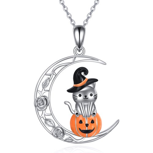 Sterling Silver Cat & Pumpkin With Moon Pendant Necklace For Women