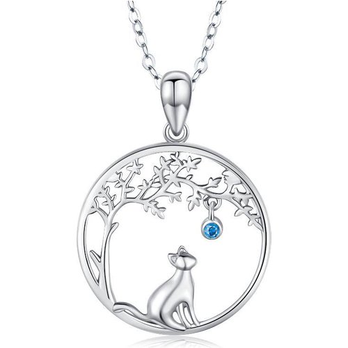 Sterling Silver Cubic Zirconia Cat & Tree Of Life Pendant Necklace