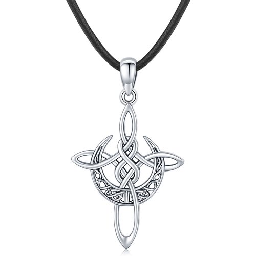 Sterling Silver Celtic Knot Cross with Crescent Moon Pendant Necklace