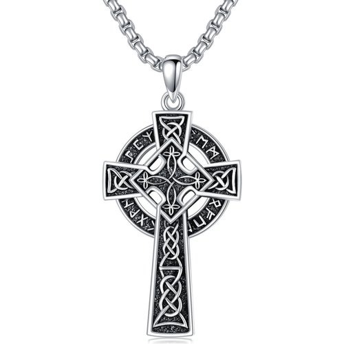 Sterling Silver Celtic Knot With Cross With Viking Rune Pendant Necklace For Men