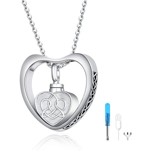 Sterling Silver Celtic Knot & Heart Urn Necklace for Ashes with Engraved Word