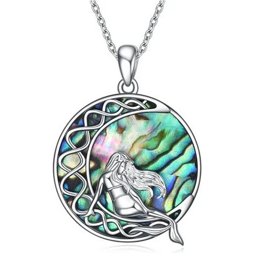 Sterling Silver Abalone Shellfish Celtic Knot Moon With Mermaid Pendant Necklace For Women