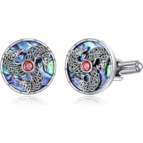Sterling Silver Round Abalone Celtic Knot Wolf With Tuxedo For Men