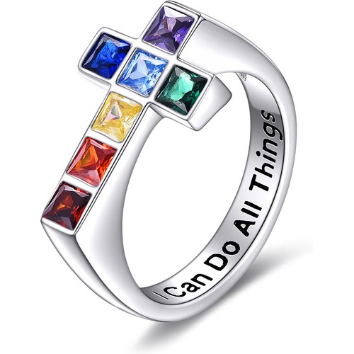 Sterling Silver Cubic Zirconia Chakras & Cross Ring with Engraved Word