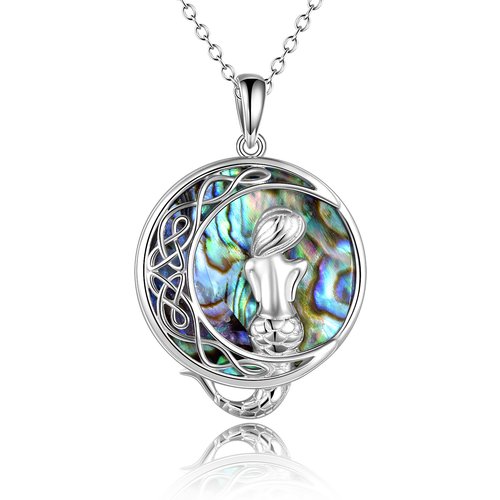 Sterling Silver Circular Abalone Shellfish Celtic Knot With Mermaid With Moon Pendant Necklace For Women