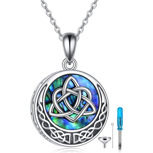 Sterling Silver Circular Shaped Abalone Shellfish Celtic Knot Urn Necklace for Ashes with Engraved Word