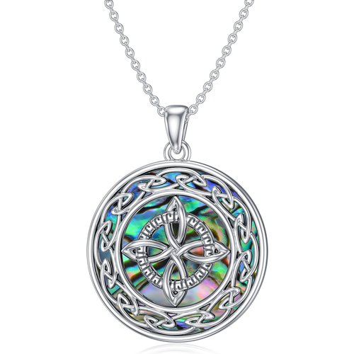 Sterling Silver Circular Shaped Abalone Shellfish Celtic Knot & Witch Knot Pendant Necklace