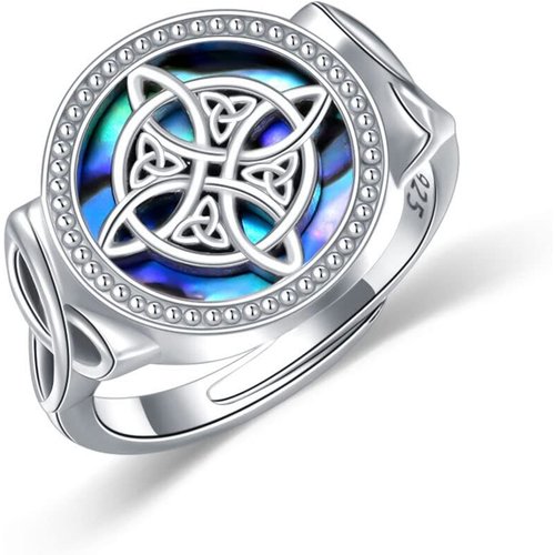 Sterling Silver Round Shaped Abalone Shellfish Celtic Knot & Witches Knot Ring