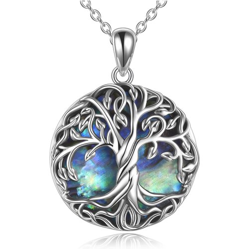 Sterling Silver Circular Shaped Abalone Shellfish Celtic Tree Of Life Pendant Necklace