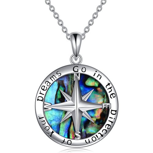 Sterling Silver Circular Shaped Abalone Shellfish Compass Pendant Necklace with Engraved Word