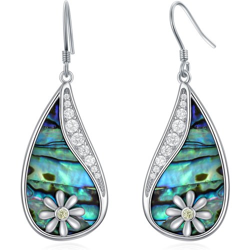 Sterling Silver Circular Shaped Abalone Shellfish & Cubic Zirconia Daisy Drop Earrings