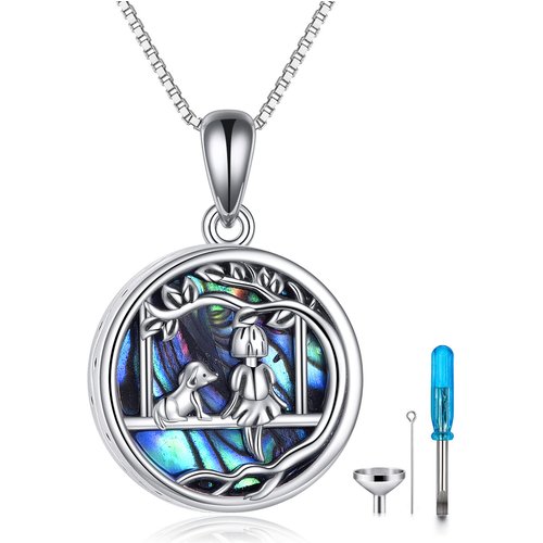 Sterling Silver Circular Shaped Abalone Shellfish Dog & Swing Urn Necklace for Ashes with Engraved Word