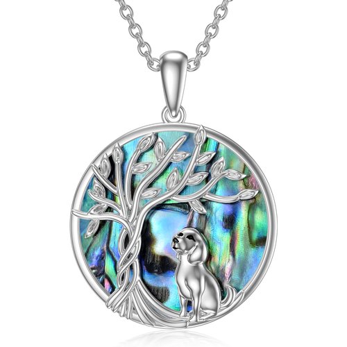 Sterling Silver Circular Shaped Abalone Shellfish Dog & Tree Of Life Pendant Necklace