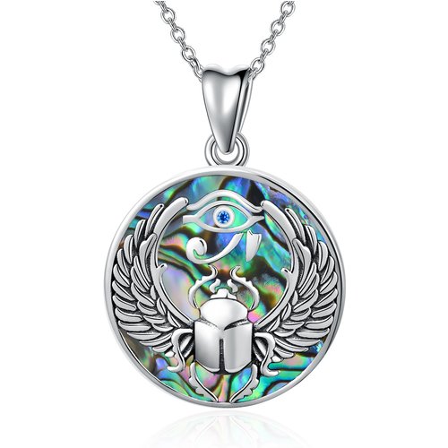 Sterling Silver Circular Shaped Abalone Shellfish Eye Of Horus Pendant Necklace