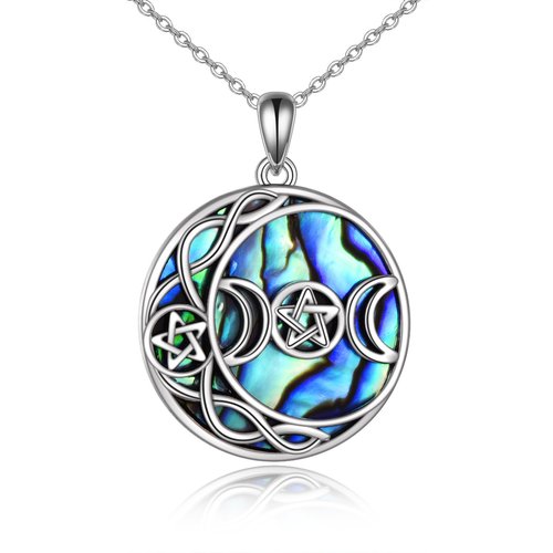Sterling Silver Circular Shaped Abalone Shellfish Moon & Star Pendant Necklace