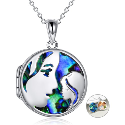 Sterling Silver Circular Shaped Abalone Shellfish Mother & Daughter Personalized Photo Locket Necklace