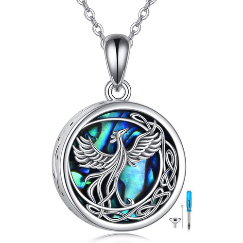 Sterling Silver Circular Shaped Abalone Shellfish Phoenix & Celtic Knot Urn Necklace for Ashes with Engraved Word