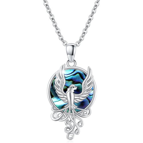 Sterling Silver Circular Shaped Abalone Shellfish Phoenix Pendant Necklace