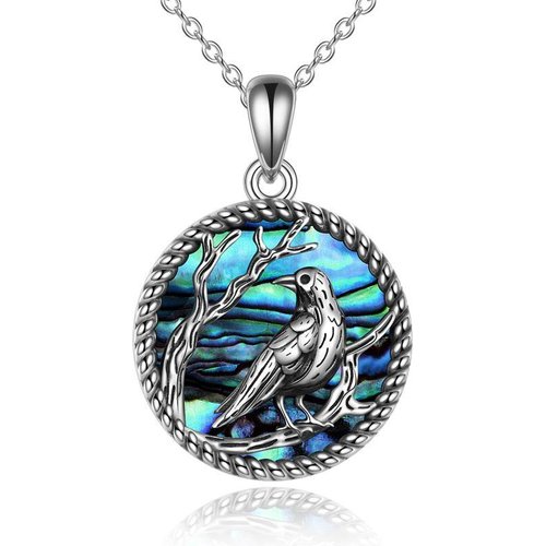 Sterling Silver Circular Shaped Abalone Shellfish Raven & Round Pendant Necklace