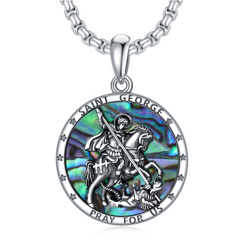 Sterling Silver Circular Shaped Abalone Shellfish Saint George Pendant Necklace with Engraved Word for Men