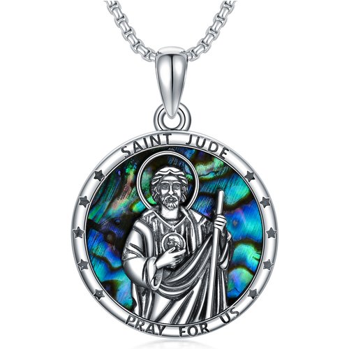 Sterling Silver Circular Shaped Abalone Shellfish Saint Jude Pendant Necklace with Engraved Word