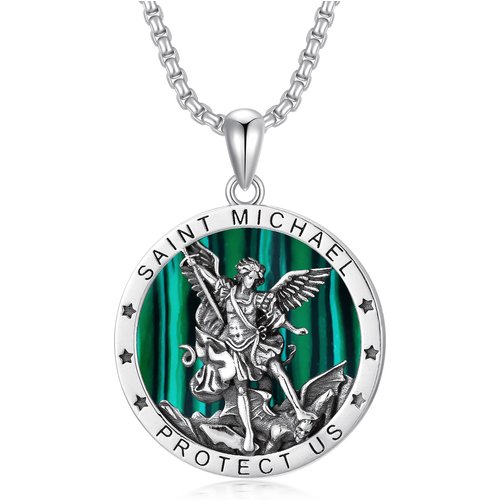 Sterling Silver Circular Shaped Abalone Shellfish Saint Michael Pendant Necklace with Engraved Word for Men