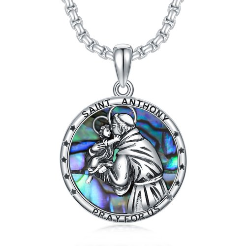 Sterling Silver Circular Shaped Abalone Shellfish St. Anthony Pendant Necklace with Engraved Word