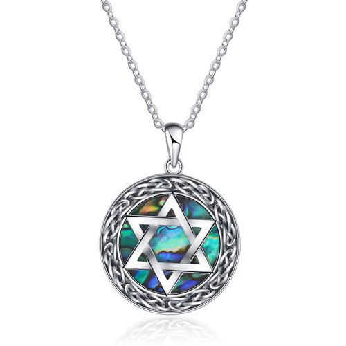 Sterling Silver Circular Shaped Abalone Shellfish Star Of David Pendant Necklace