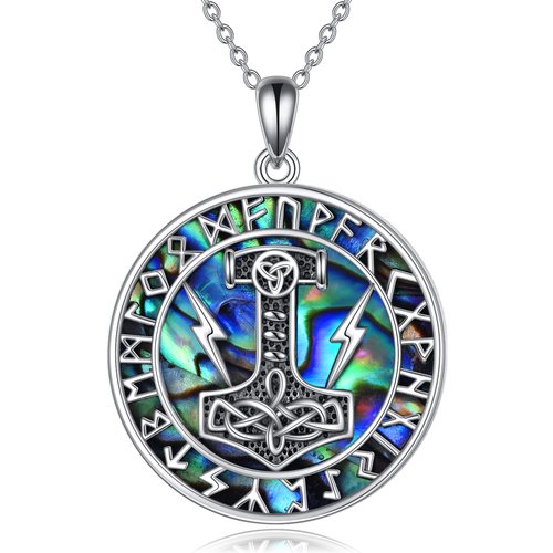 Sterling Silver Circular Shaped Abalone Shellfish Thor's Hammer & Viking Rune Pendant Necklace for Men