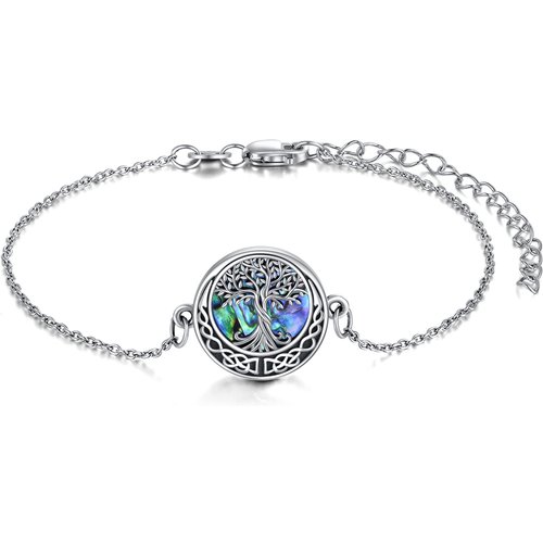 Sterling Silver Circular Shaped Abalone Shellfish Tree Of Life & Celtic Knot Charm Bracelet